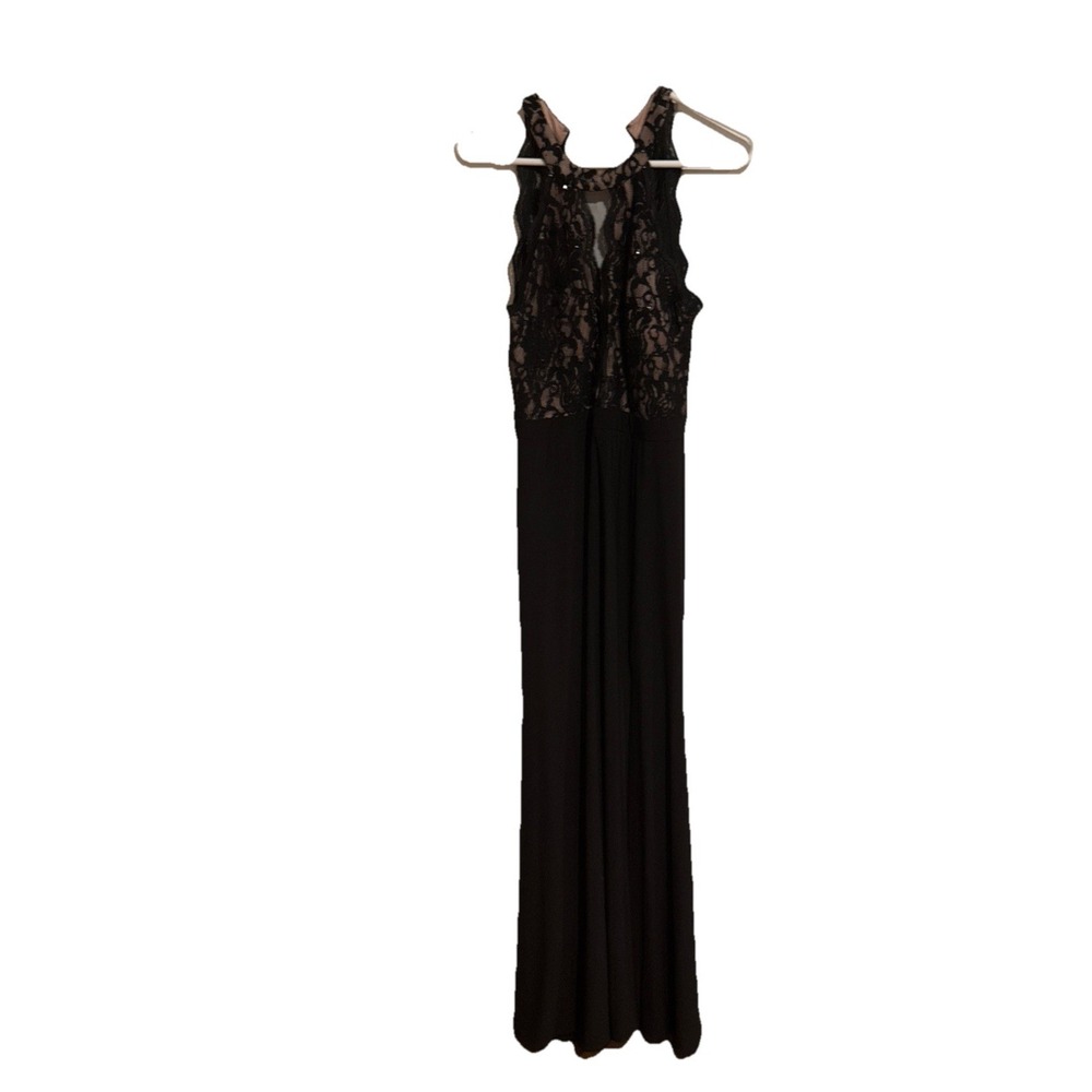 Morgan & Co Black Gown Mesh & Lace Bodice Sz 9 Halter Zip Closure Side Slit